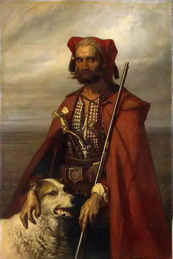 A historical painting of a Croat and a large white fluffy dog presumed to be a tornjak