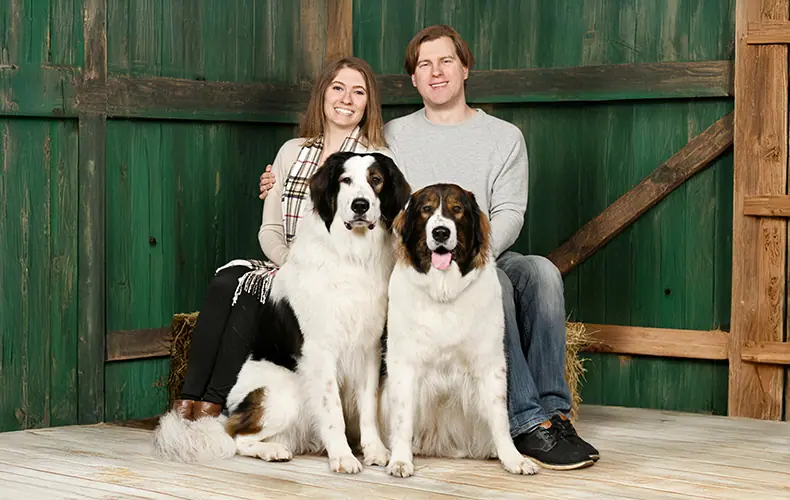 Owners of Od Dinare Kennel, Karina and Max, sitting on a hay bail in a barn with two Tornjaks sitting in front of them