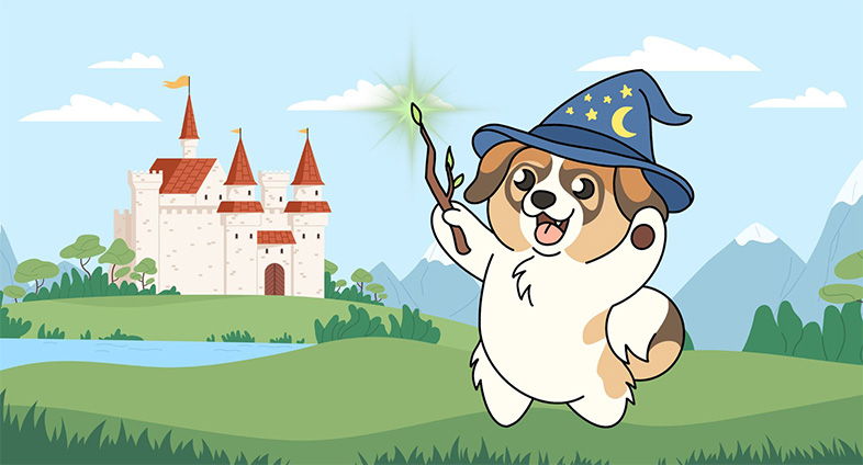 cartoon drawing of a dog with tornjak likeness with a wizards hat holding a glowing tiwg